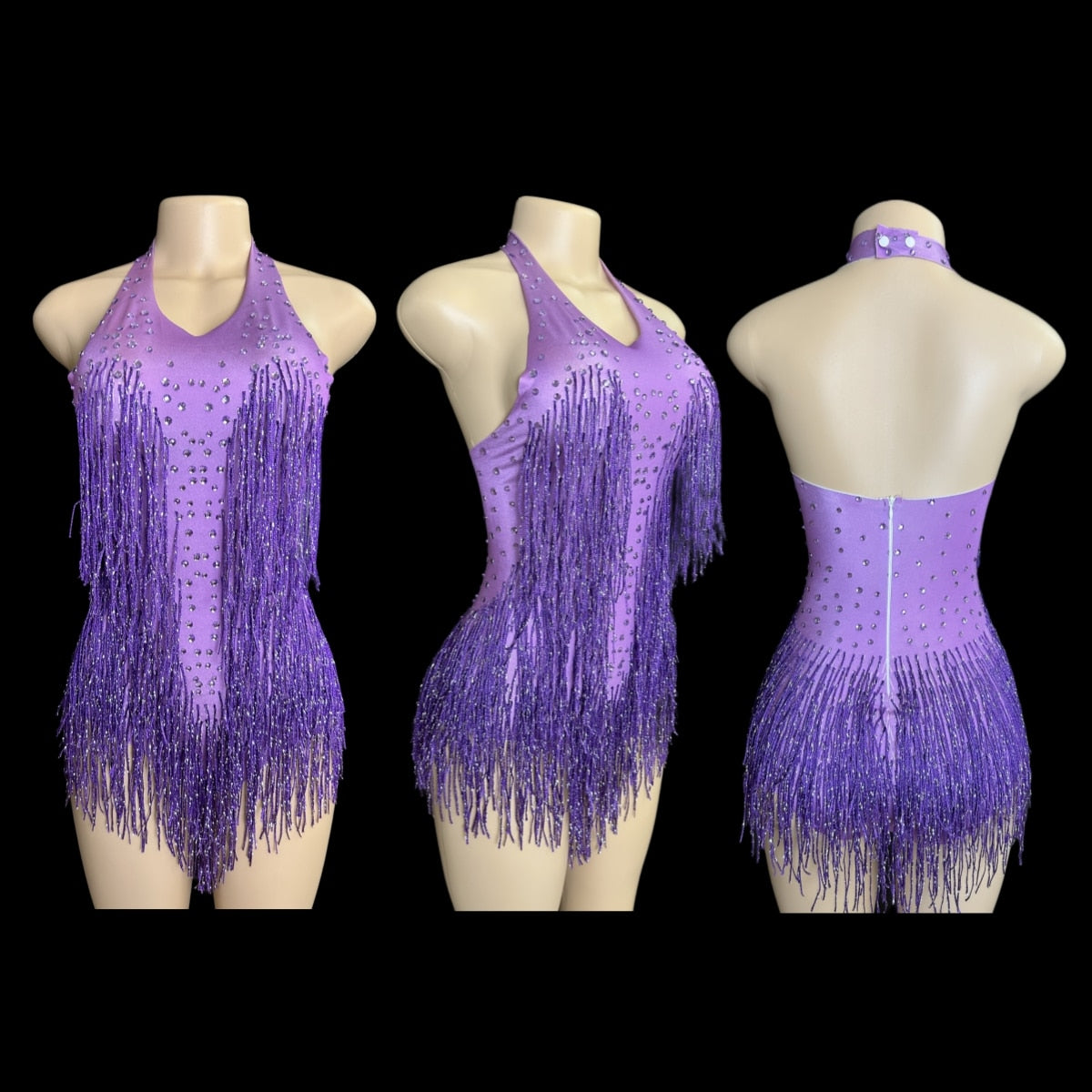 Dazzling Rhinestone Fringe Dance Leotard