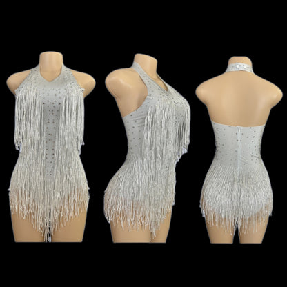 Dazzling Rhinestone Fringe Dance Leotard