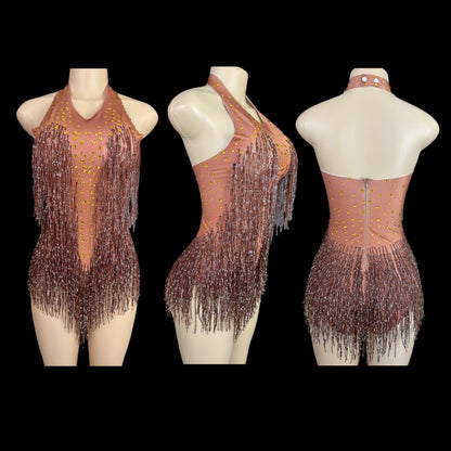 Dazzling Rhinestone Fringe Dance Leotard